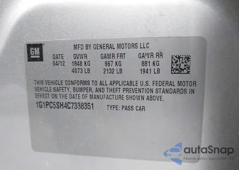 2012 Chevrolet Cruze Ls z USA, uszkodzony, nr VIN 1G1PC5SH4C7338351